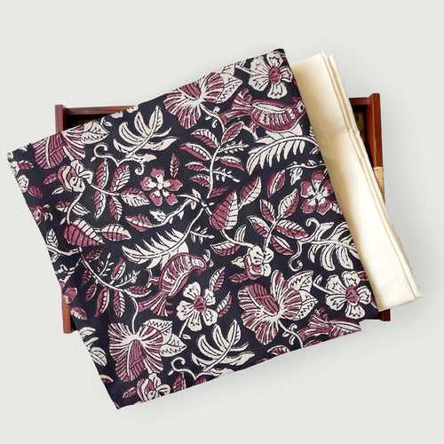 Jade Black & Magenta Abstract Floral Vines | Ajrakh Natural Dyed Hand Block Printed Pure Cotton Fabric (3 Meters) | and Cotton Pyjama (2.5 Meters) | Unstitched Combo Set