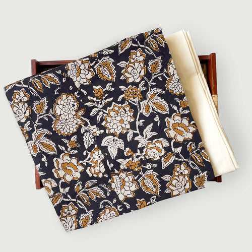 Jade Black & Mustard Abstract Floral Vines | Ajrakh Natural Dyed Hand Block Printed Pure Cotton Fabric (3 Meters) | and Cotton Pyjama (2.5 Meters) | Unstitched Combo Set