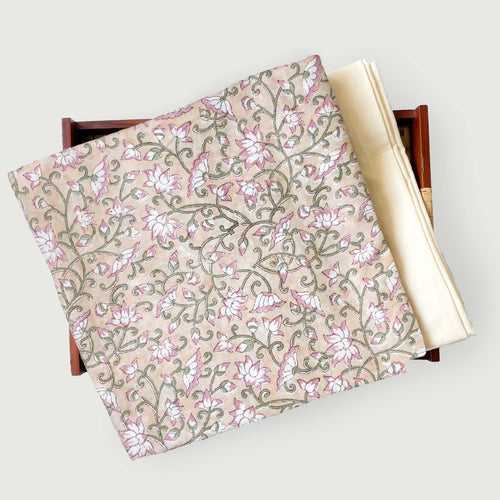Light Beige & Pink Egyptian Flower Garden | Hand Block Printed Pure Cotton Fabric (3 Meters) | and Cotton Pyjama (2.5 Meters) | Unstitched Combo Set