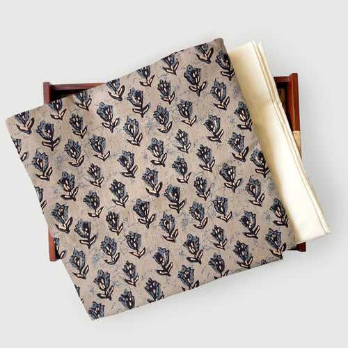 Light Brown & Black Abstract Tulip | Hand Block Printed Pure Cotton Linen Fabric (3 Meters) | and Cotton Pyjama (2.5 Meters) | Unstitched Combo Set