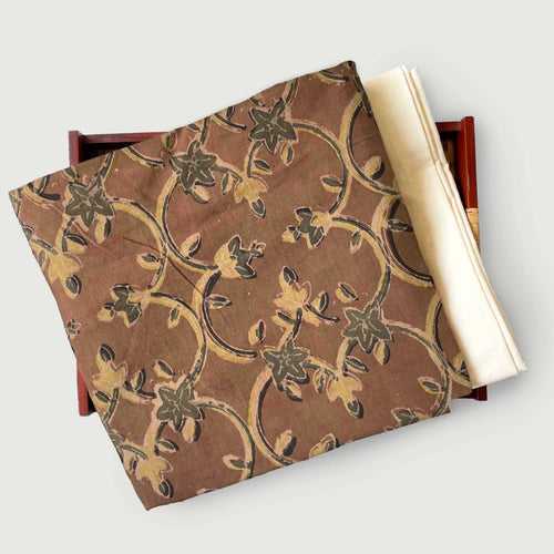 Mud Brown Mughal Floral | Ajrakh Natural Dyed Hand Block Printed Pure Cotton Fabric (3 Meters) | and Cotton Pyjama (2.5 Meters) | Unstitched Combo Set