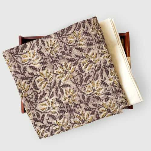 Mud Brown & Yellow Vintage floral | Ajrakh Natural Hand Block Printed Pure Cotton Fabric (3 Meters) | and Cotton Pyjama (2.5 Meters) | Unstitched Combo Set