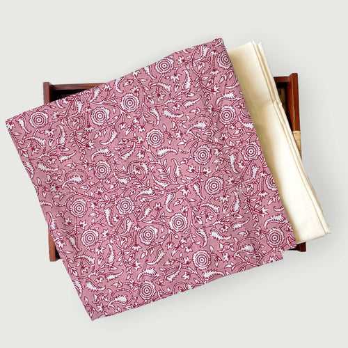 Peach Pink & White Abstract Floral | Hand Block Printed Pure Cotton Fabric (3 Meters) | and Cotton Pyjama (2.5 Meters) | Unstitched Combo Set