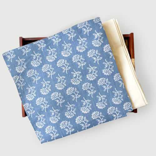 Summer Blue & White Abstract Floral | Hand Block Printed Pure Cotton Slub Fabric (3 Meters) | and Cotton Pyjama (2.5 Meters) | Unstitched Combo Set