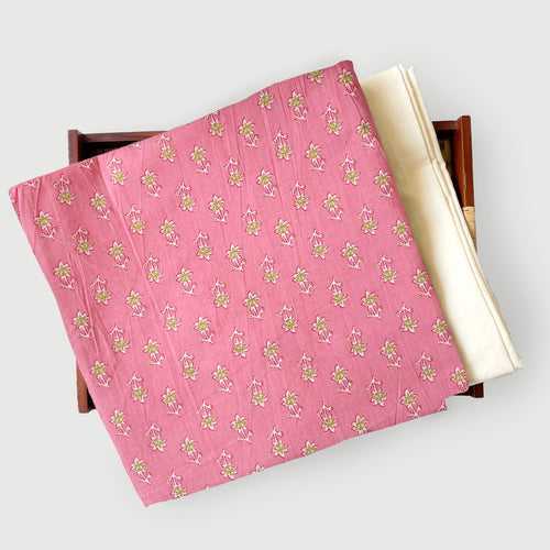 Summer Pink & Green Mini Floral| Hand Block Printed Pure Cotton Fabric (3 Meters) | and Cotton Pyjama (2.5 Meters) | Unstitched Combo Set