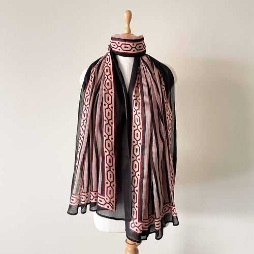 Black & Beige Abstract Stripes Hand Block Printed Pure Cotton Dupatta (Width 40 Inches)