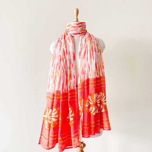 Bright Orange & Yellow Abstract Pattern Hand Block Printed Pure Cotton Dupatta (Width 40 Inches)