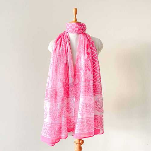 Bright Pink Mughal Floral Hand Block Printed Pure Cotton Dupatta (Width 40 Inches)