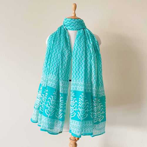 Bright Turquoise Zig-Zag Hand Block Printed Pure Cotton Dupatta (Width 40 Inches)