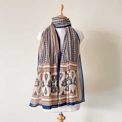 Deep Blue & Beige Traditional Floral Hand Block Printed Pure Cotton Dupatta (Width 40 Inches)