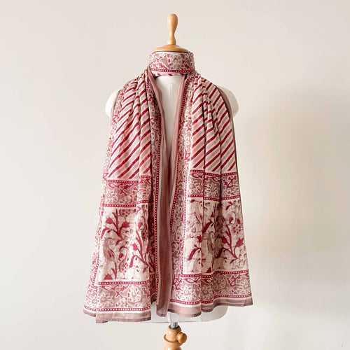 Dusty Red & Grey Traditional Paisley Hand Block Printed Pure Cotton Dupatta (Width 40 Inches)