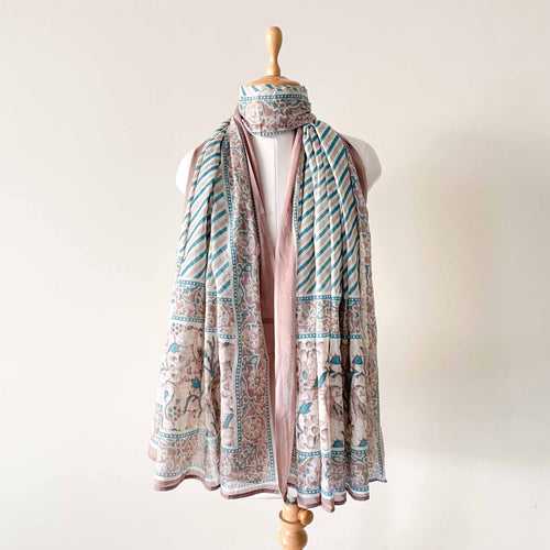 Dusty Turquoise & Grey Traditional Paisley Hand Block Printed Pure Cotton Dupatta (Width 40 Inches)