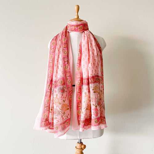 Peach Pink Mughal Floral Hand Block Printed Pure Cotton Dupatta (Width 40 Inches)