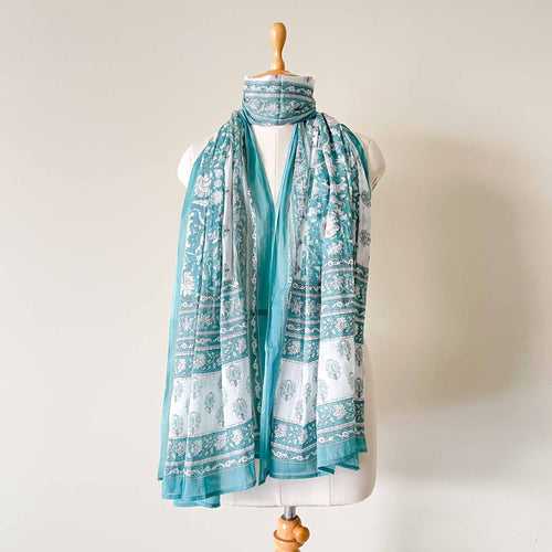 Turquoise & White Mughal Floral Hand Block Printed Pure Cotton Dupatta (Width 40 Inches)