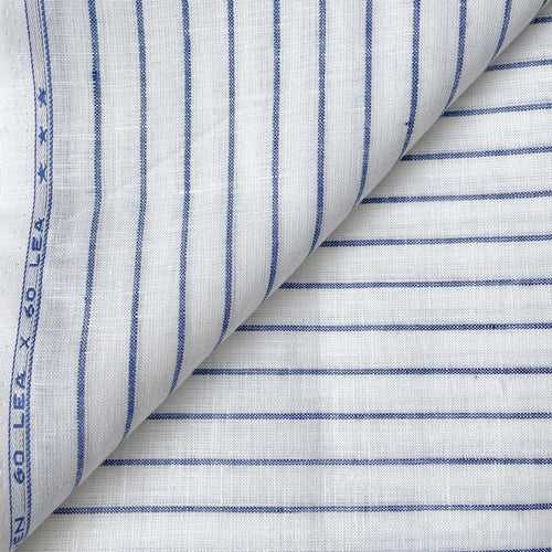 (CUT PIECE) Pure White & Blue Thick Stripes Premium 60 Lea Pure Linen Fabric (Width 58 Inches)
