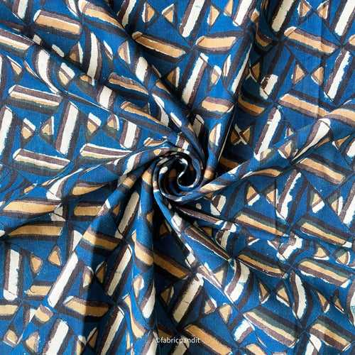 (CUT PIECE) Indigo Blue & Red Criss-Cross Geometric Hand Block Printed Pure Cotton Linen Fabric (Width 42 inches)