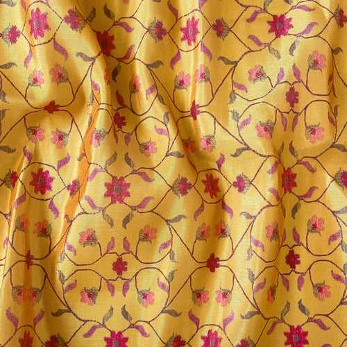 (CUT PIECE) Bright Yellow & Red Mughal Flora Printed Tissue Silk Fabric (Width 44 Inches)