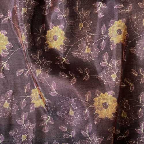 (CUT PIECE) Coffee Brown & Yellow Flower Garden Printed Tissue Silk Fabric (Width 44 Inches)