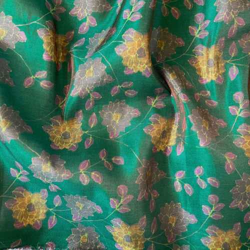 (CUT PIECE)  Teal Green & Yellow Flower Garden Printed Tissue Silk Fabric (Width 44 Inches)