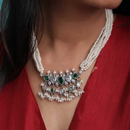 Maharashtrian Tanmani Silver Necklace (Green & White) by Moha