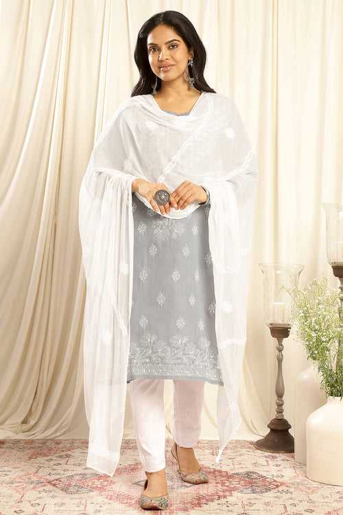 White Chikankari Hand Embroidered Chiffon Dupatta