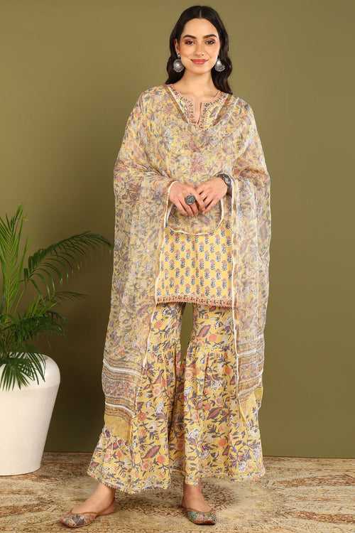 Yellow Sanganeri Kurta Set (3pc)