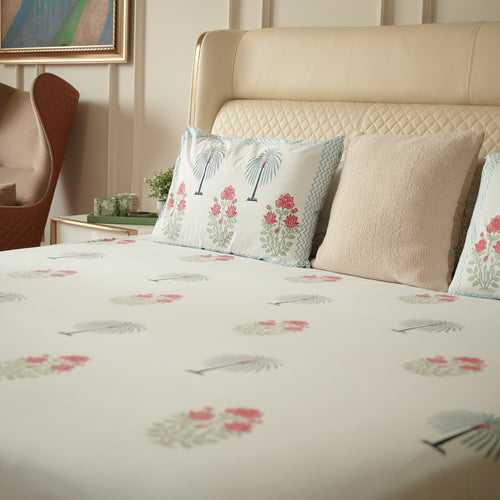 Palm Floral Hand Block Printed Bedsheet Set (Double)