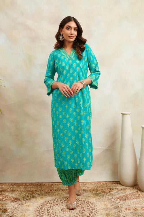 Teal Blue Printed Straight Kurta