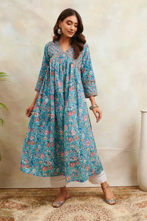 Teal Blue/Pink Sanganeri 'A' Line Kurta