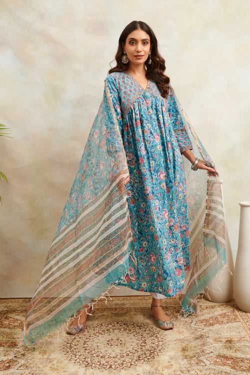 Teal Blue/Pink Kota Doria Dupatta