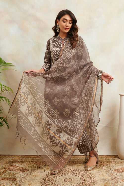 Brown Hand Block Bagru Printed Kota Doria Dupatta