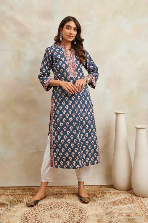 Indigo Blue & Maroon Hand Block Printed Sanganeri Kurta