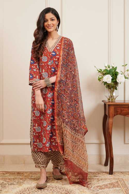 Maroon Hand Block Printed Kota Doria Dupatta