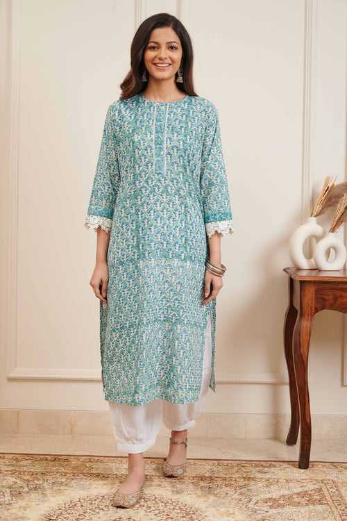 Sea Green Hand Block Printed Kurta