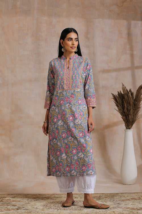 Grey / Pink Hand Block Printed Kurta