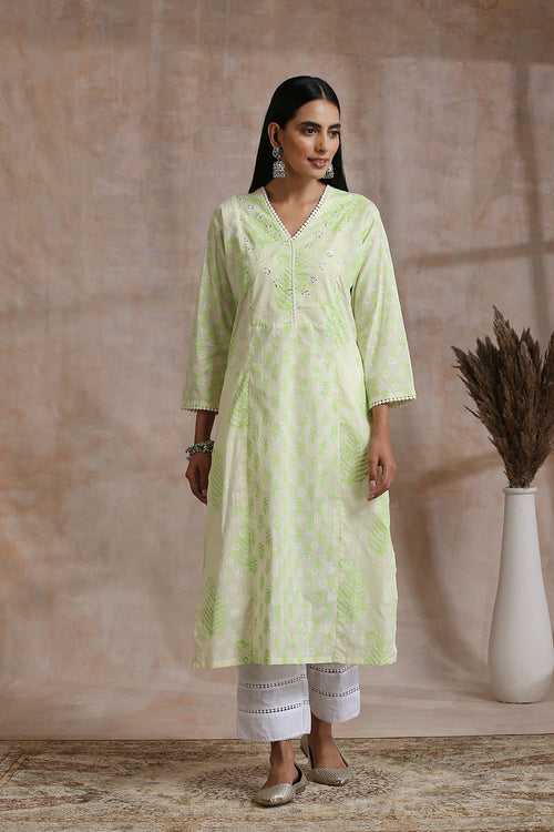 Fluorescent Green Khari & Hand Block Printed Kurta