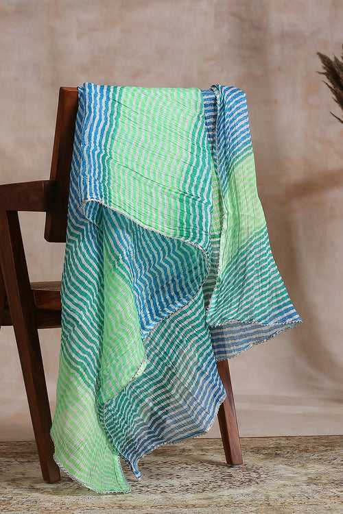 Green/Blue Cotton Lehriya Kota Doria Dupatta