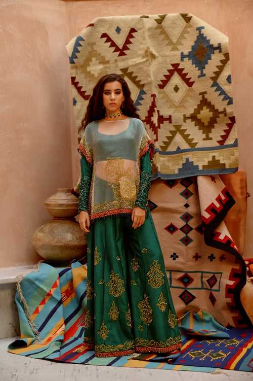 Fawn sheer sac cape with churidar full sleeve blouse and sharara