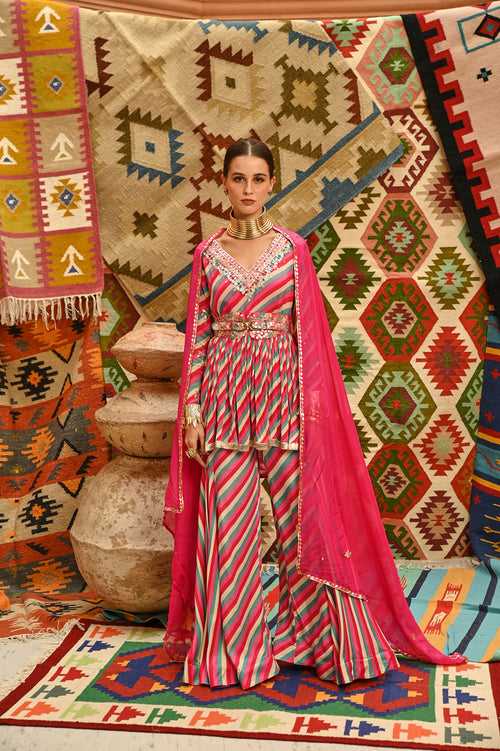 Hot pink Indi-leheriya Treasure Tunic with Dupatta Set