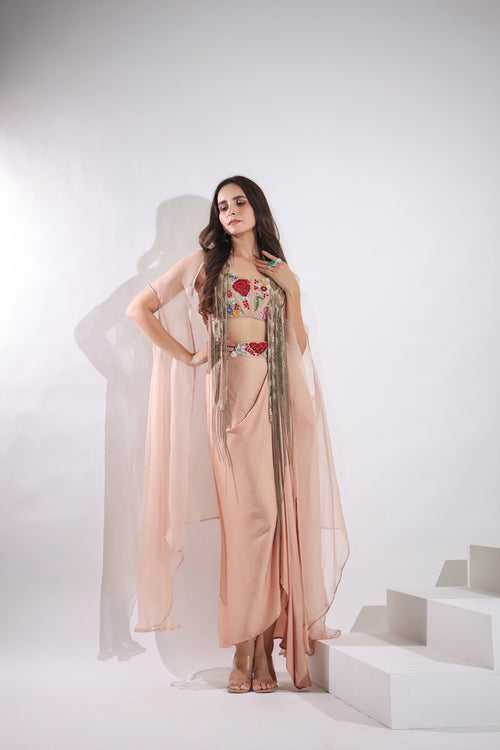 Haseena caramel brown drape skirt set