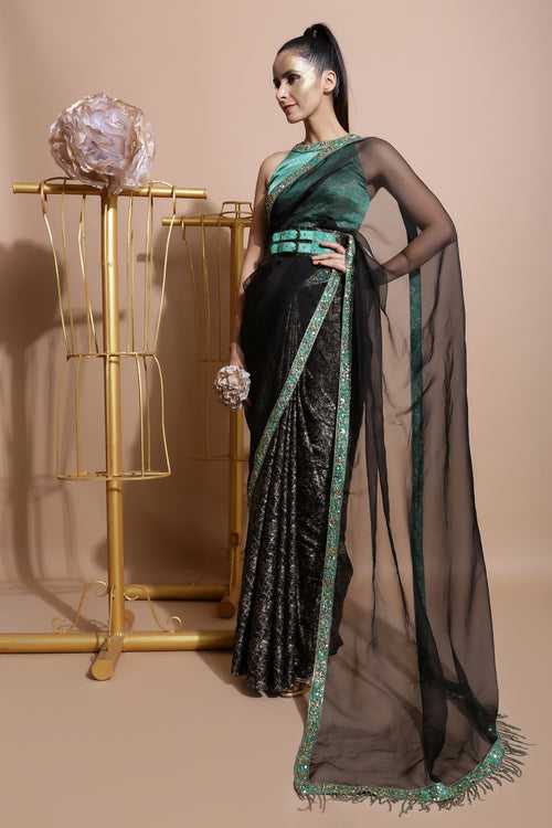 Black splash saree with green splash blouse and belt