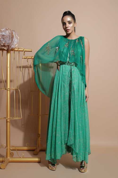 Green splash jumpsuit with cape and belt