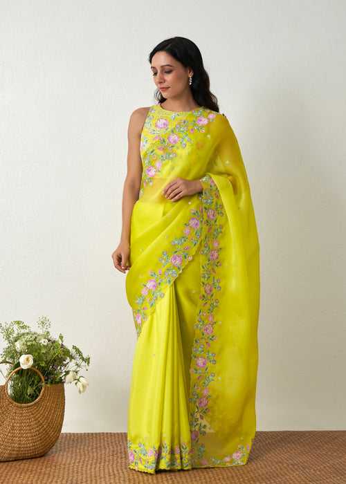 Protea Saree - Lime Yellow