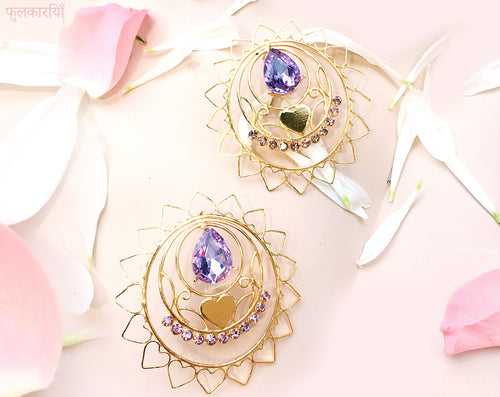 GOLDPLATED HEART RADIAL LAVENDER PHULKARIYAAN EARRINGS