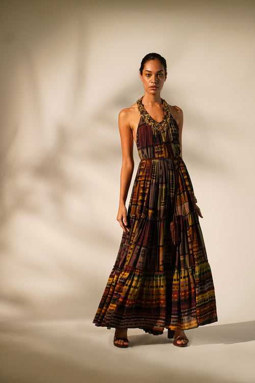 Multicolour Abstract Print Maxi  With Hand Baroque In Metallic Embellishment