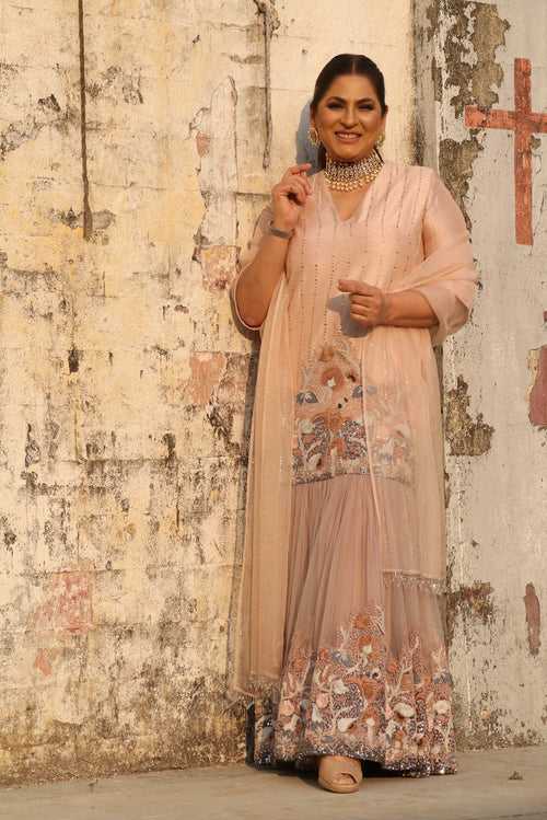 Archana Puran Singh In Blush Pink Pewter Hand Embellished Maxi & Dupatta