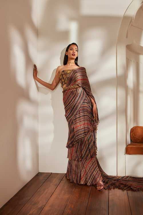 Stripe Print Ruffle Saree With Tube And Belt With Baroque Handwork