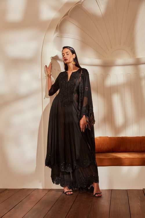 Black Kurta With Pants And Dupatta With Noire Glass Beads & Thread Embroidery