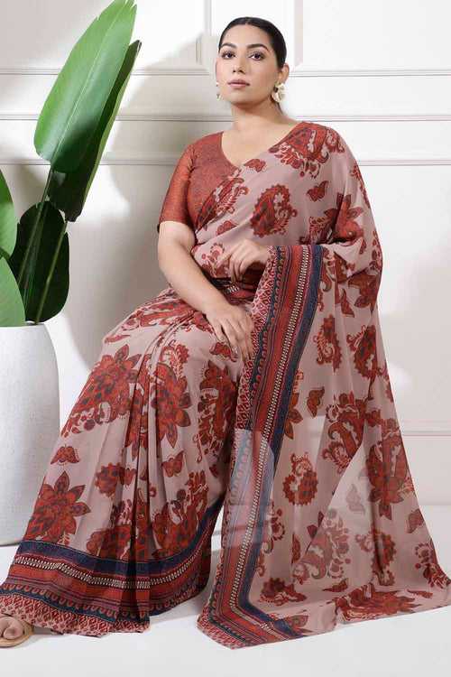 Plus Size Beige Ethnic Readymade Georgette Saree