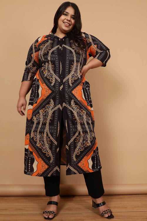 Plus Size Black Baroque Printed Kurta Cum Shrug